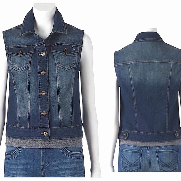 Mudd Classic Denim Vest Distressed Button Flap Pockets Button Tab Hem Size Small - Picture 7 of 14